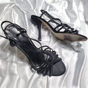 NICOLE MILLER NEW YORK black satin strappy high heel sandals ornate accents